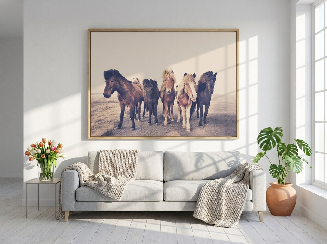 Oversized statement modern wall art print styled on the wall in a bright Scandinavian living room