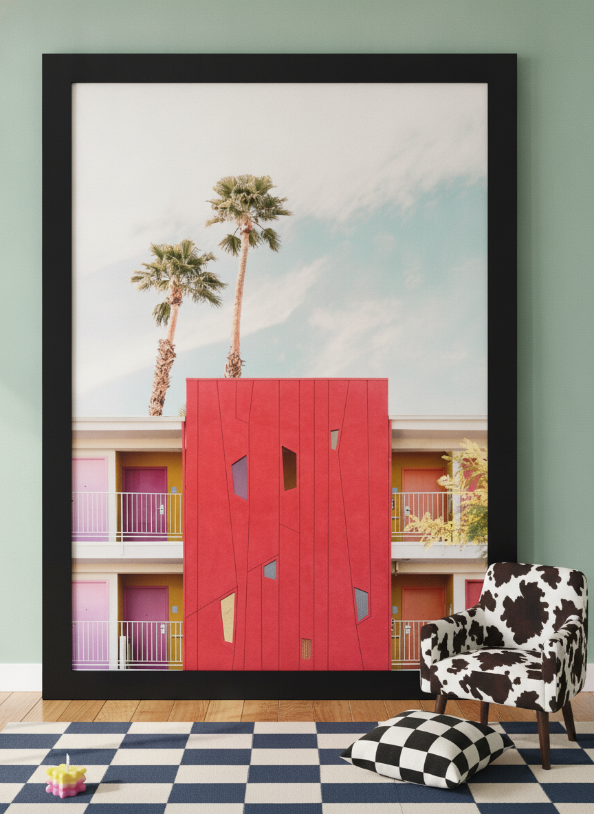 Oversized statement modern wall art print leaning against the wall in a colourful eclectic dining room