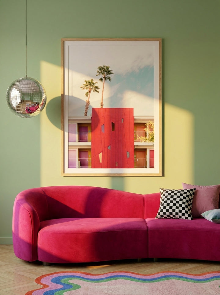 Modern wall art print styled on the wall in a colourful eclectic living room