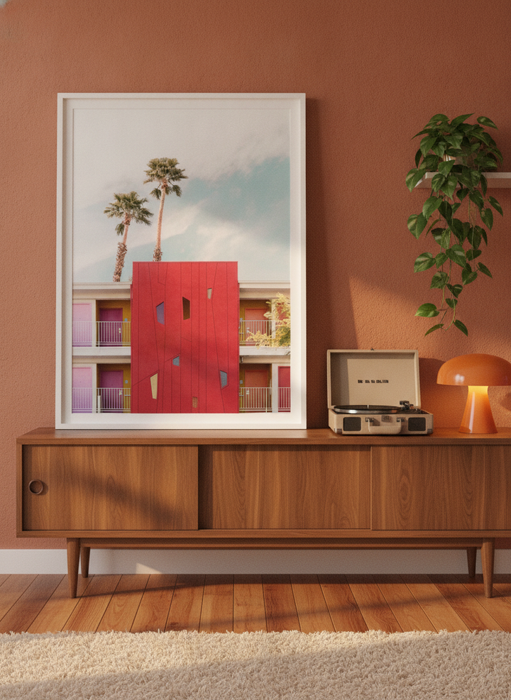 Modern wall art print standing on a sideboard in a retro 70s home office
