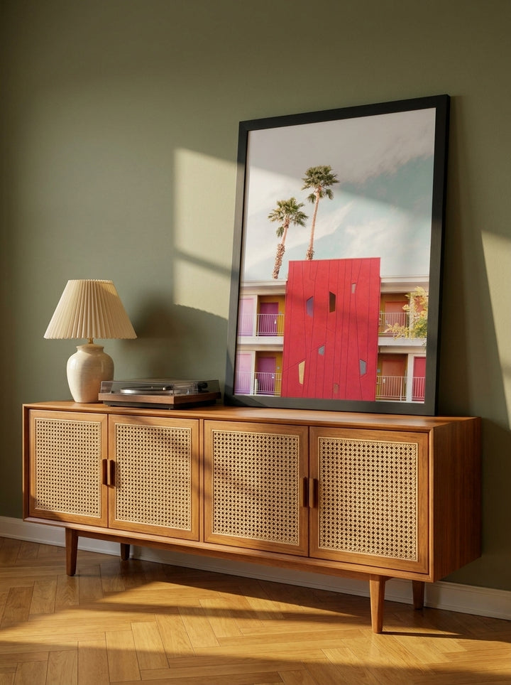 Modern wall art print standing on a sideboard in a mid-century bedroom
