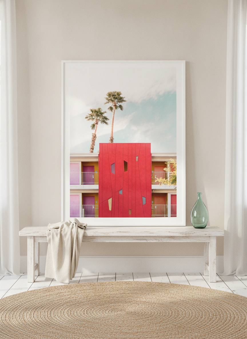 Modern wall art print standing on a console in a coastal living room