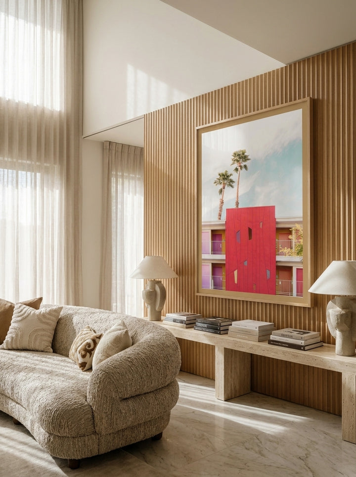 Oversized statement modern wall art print styled on the wall in a luxe living room
