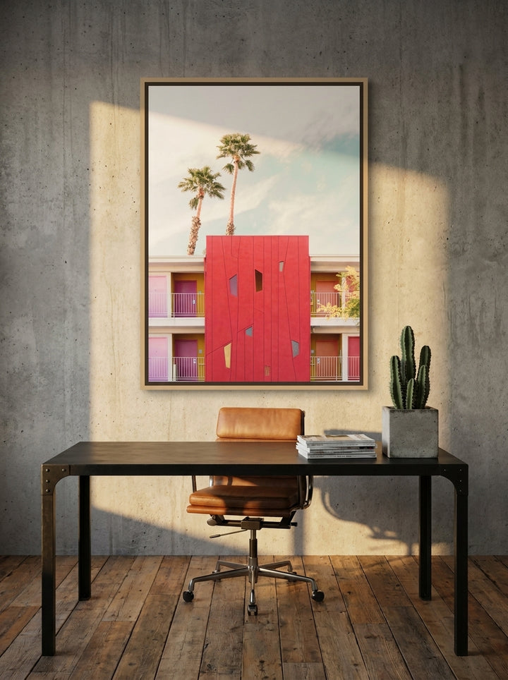 Canvas wall art with a natural timber surround styled on the wall in an industrial loft home office