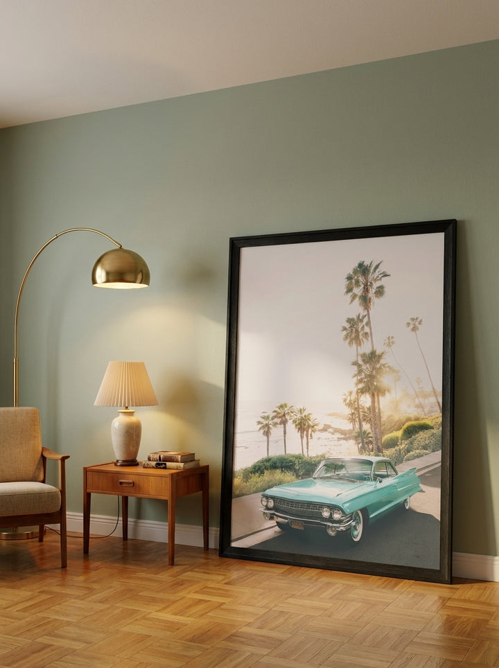 Oversized statement modern wall art print leaning against the wall in a mid-century living room