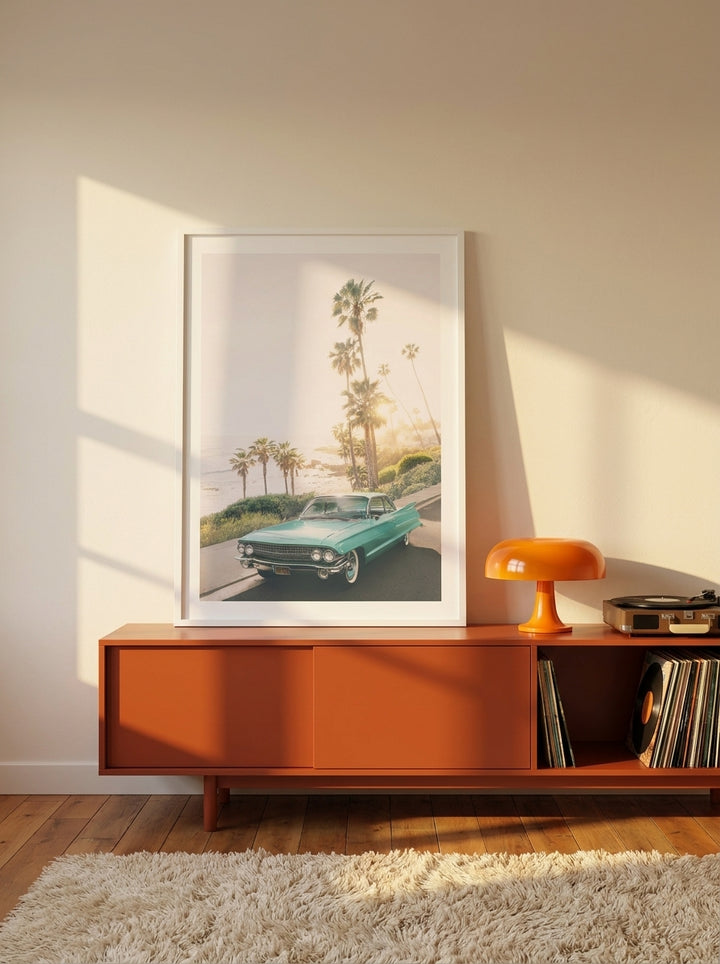 Modern wall art print standing on a sideboard in a retro 70s home office
