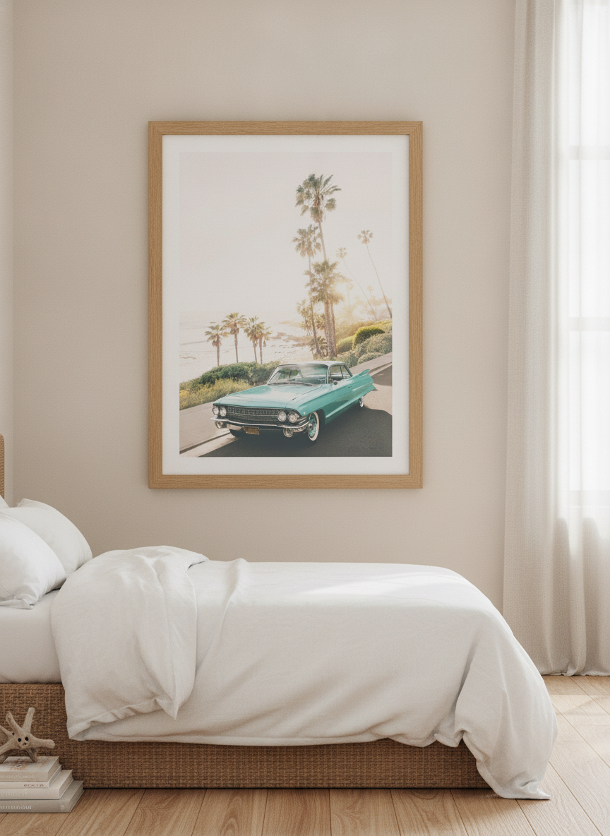 Modern wall art print styled on the wall in a coastal bedroom