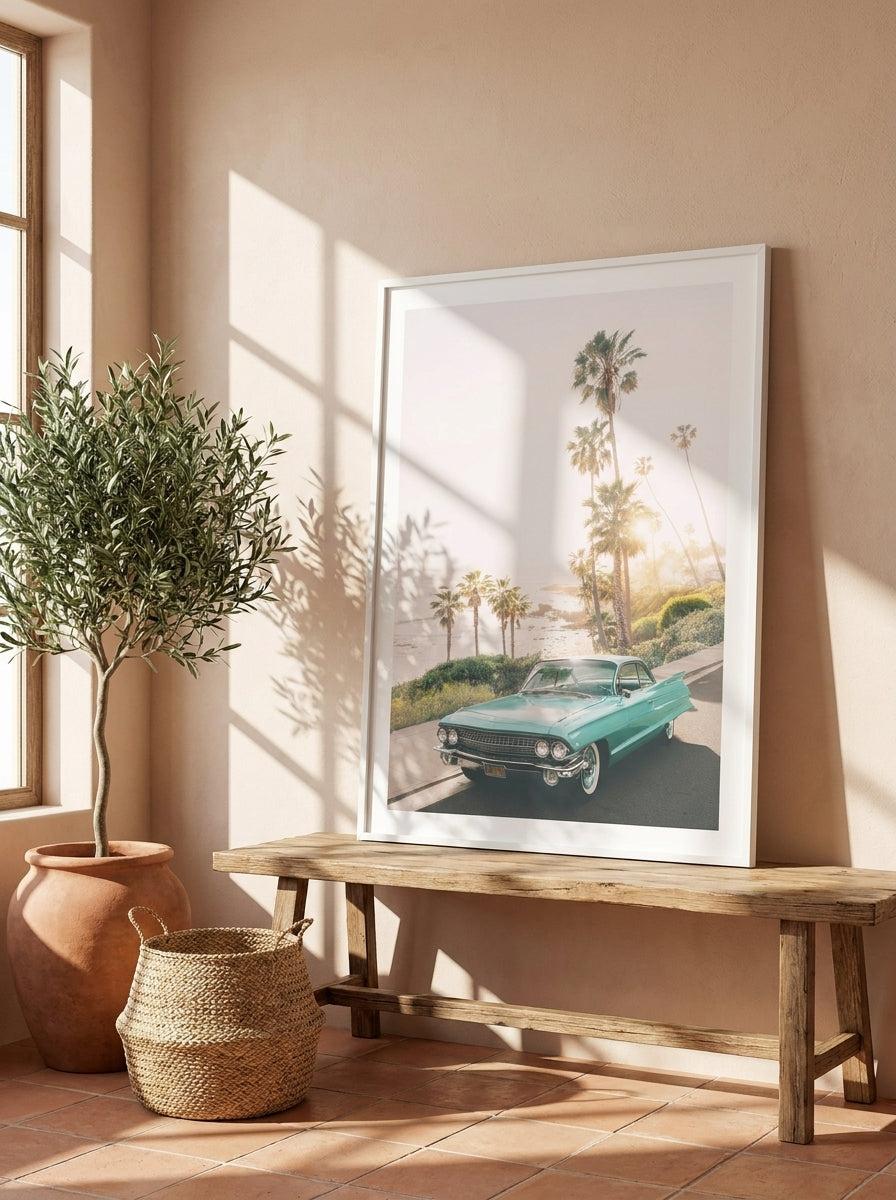 Modern wall art print standing on a bench in a Mediterranean bedroom