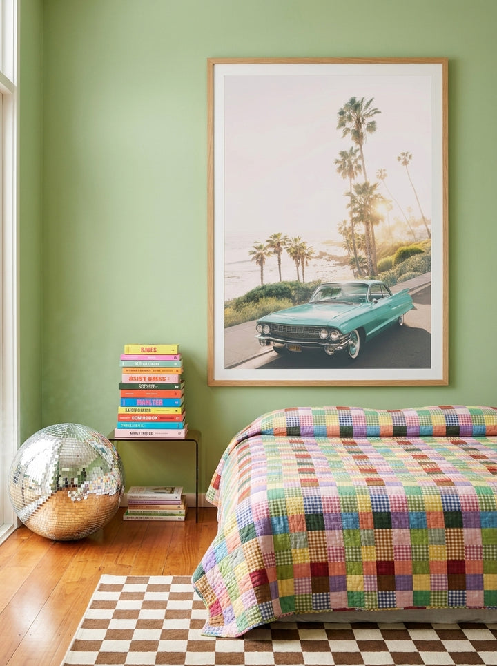 Oversized statement modern wall art print styled on the wall in a colourful eclectic bedroom