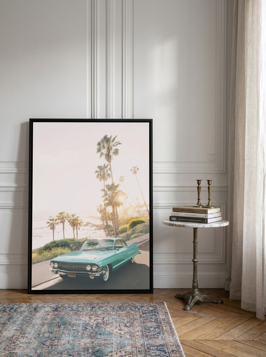 Canvas wall art with a black surround leaning against the wall in a Parisian home office