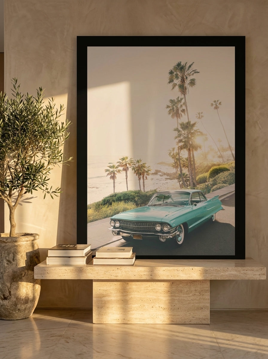 Modern wall art print standing on a console in a luxe dining room