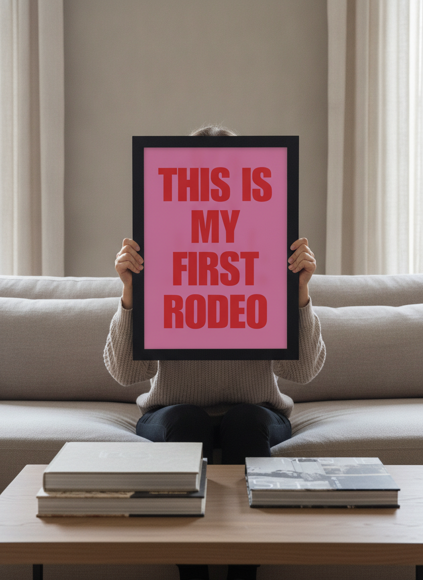 Person holding modern wall art print in a luxe living room