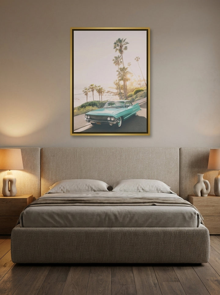 Canvas wall art with a gold leaf surround styled on the wall in a luxe bedroom