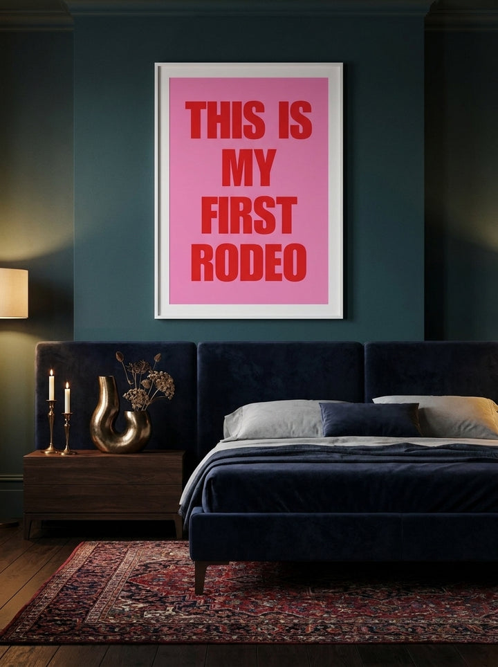 Oversized statement modern wall art print styled on the wall in a moody bedroom