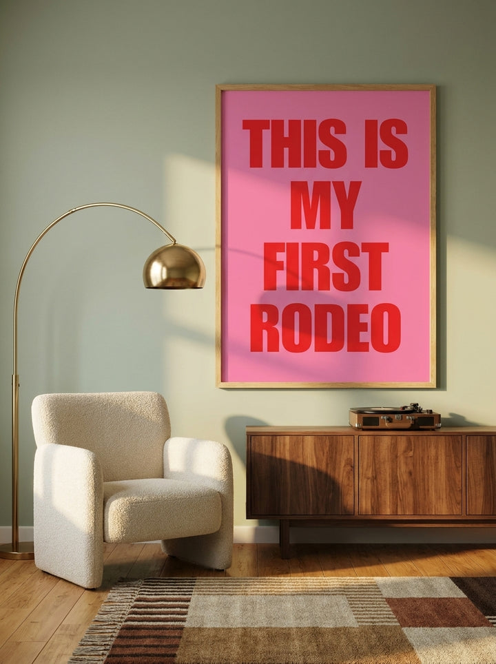 Modern wall art print styled on the wall in a mid-century living room