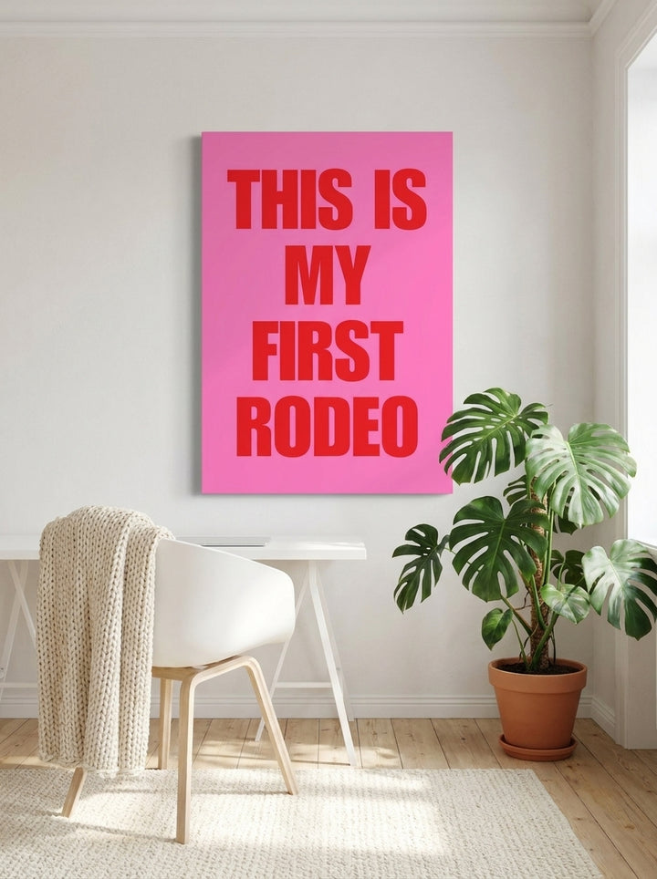 Stretched canvas wall art styled on the wall in a bright Scandinavian home office