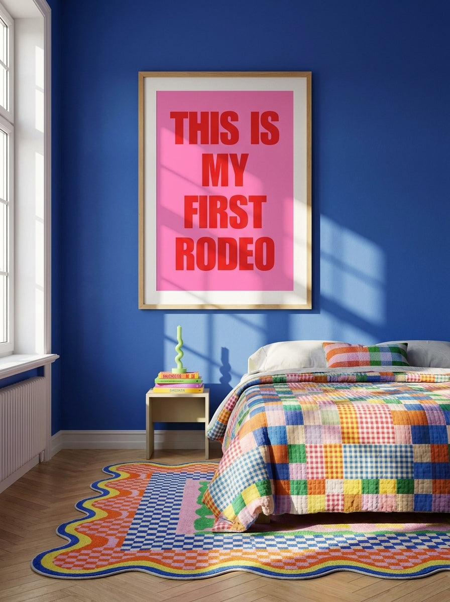 Modern wall art print styled on the wall in a colourful eclectic bedroom