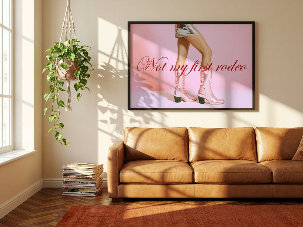Oversized statement modern wall art print styled on the wall in a retro 70s living room