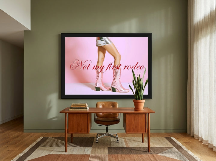 Oversized statement modern wall art print styled on the wall in a mid-century home office