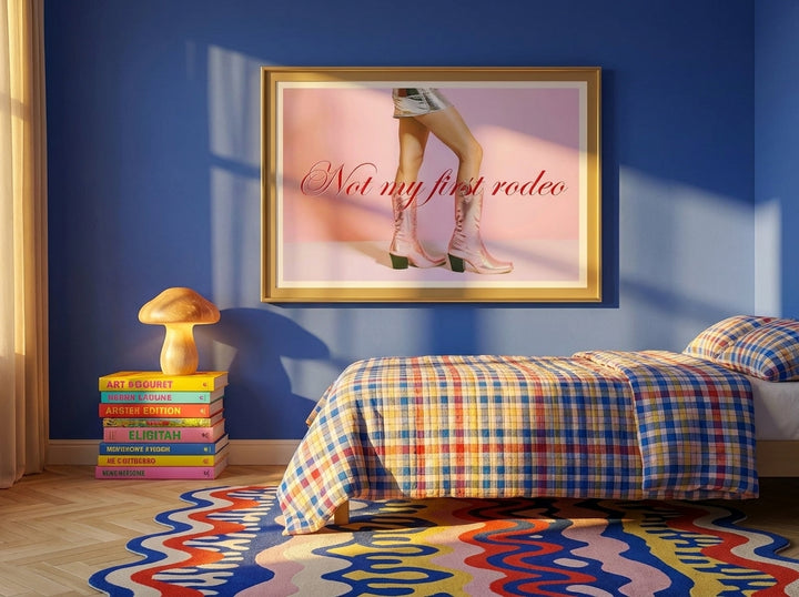 Modern wall art print styled on the wall in a colourful eclectic bedroom