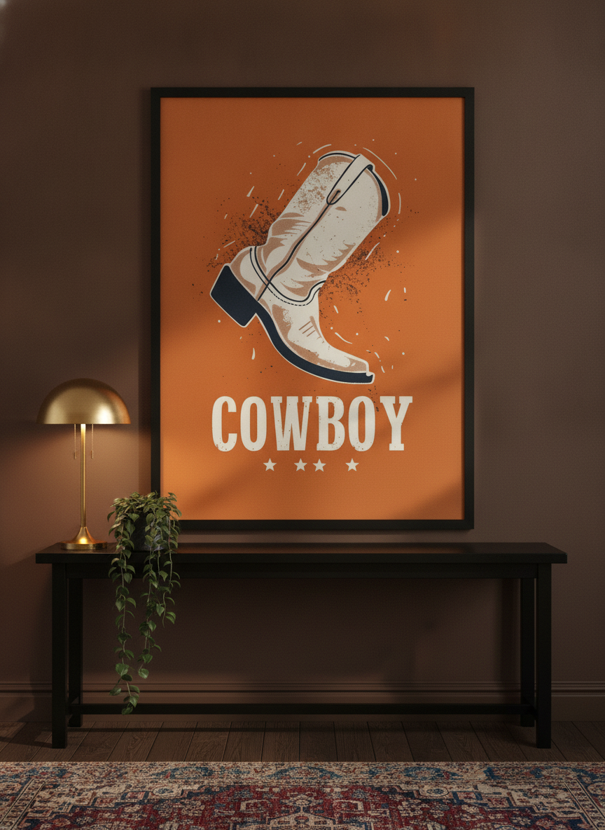 Modern wall art print standing on a console in a moody living room