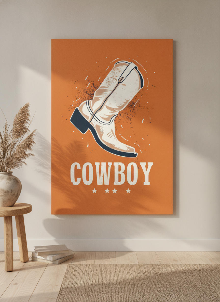Stretched canvas wall art leaning against the wall in a warm Japandi home office