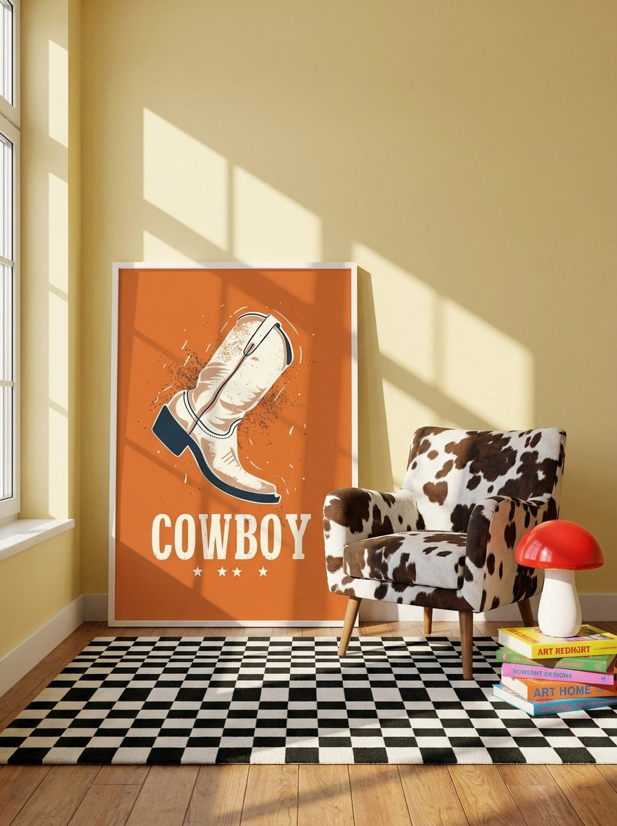 Modern wall art print leaning against the wall in a colourful eclectic dining room