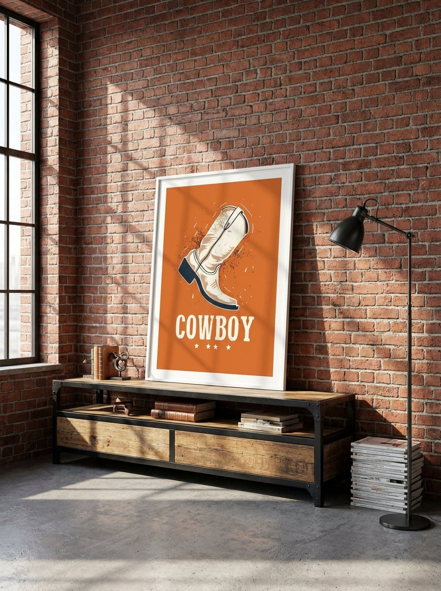 Modern wall art print standing on a console in an industrial loft home office