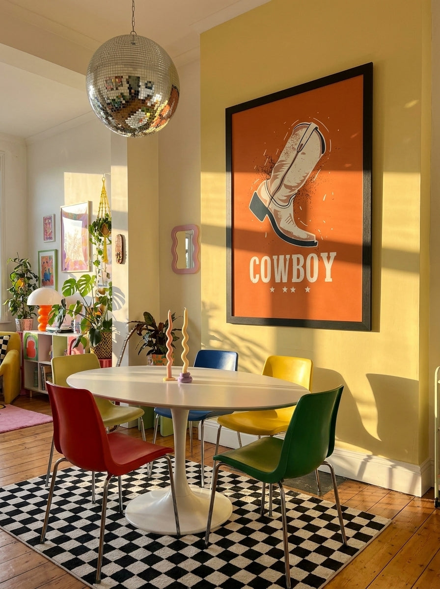 Oversized statement modern wall art print styled on the wall in a colourful eclectic dining room
