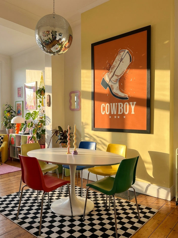 Oversized statement modern wall art print styled on the wall in a colourful eclectic dining room
