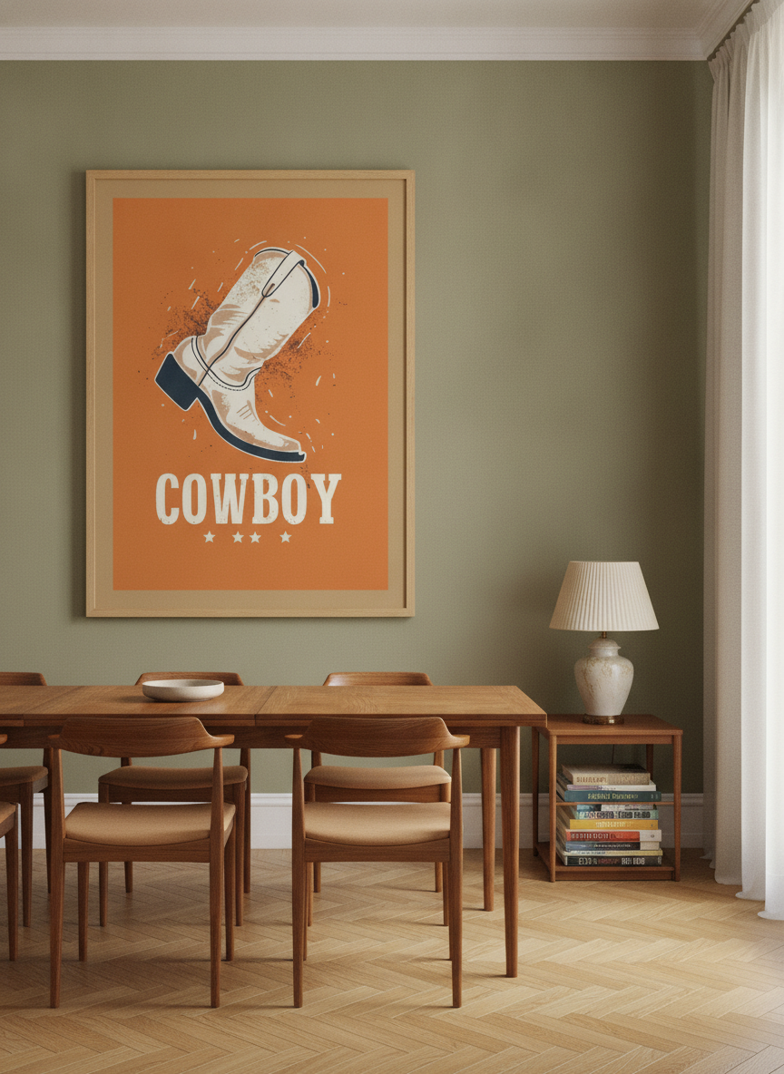 Oversized statement modern wall art print styled on the wall in a mid-century dining room
