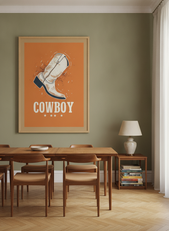Oversized statement modern wall art print styled on the wall in a mid-century dining room