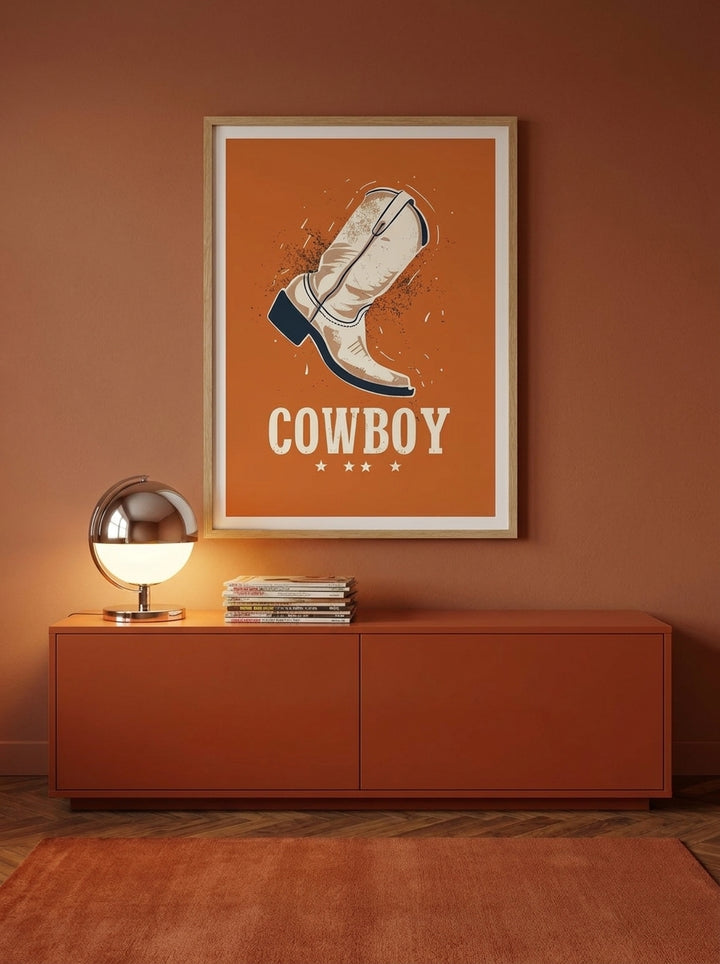 Modern wall art print styled on the wall in a retro 70s living room