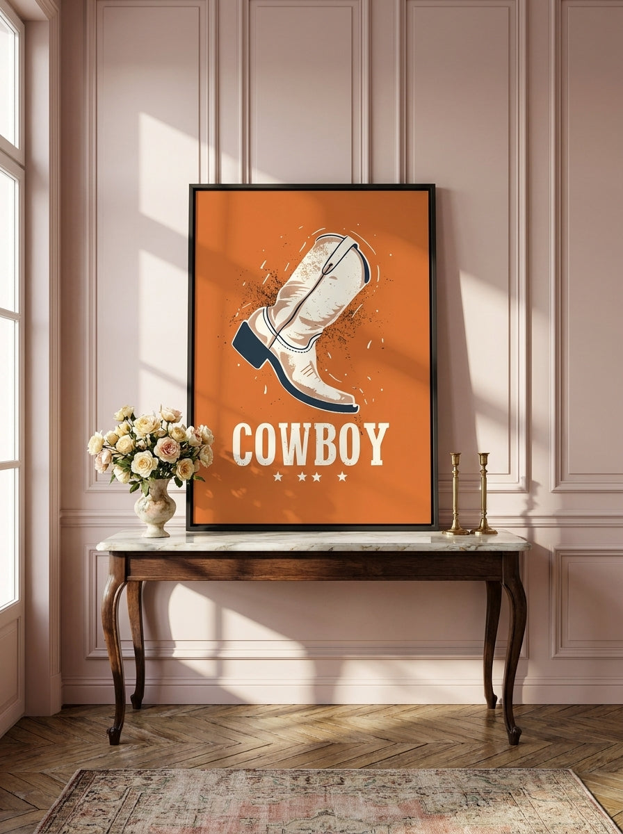 Canvas wall art with a black surround standing on a console in a Parisian living room