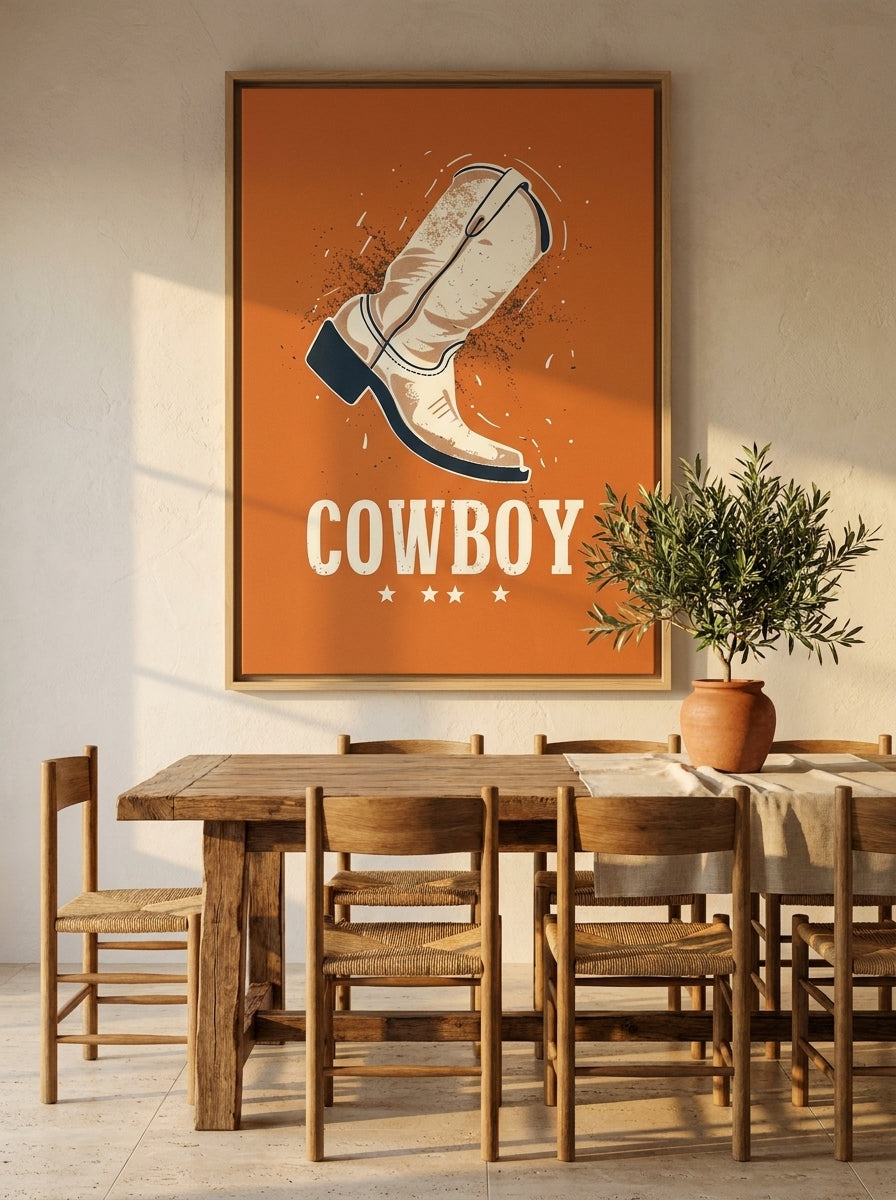 Oversized statement canvas wall art with a natural timber surround styled on the wall in a Mediterranean dining room