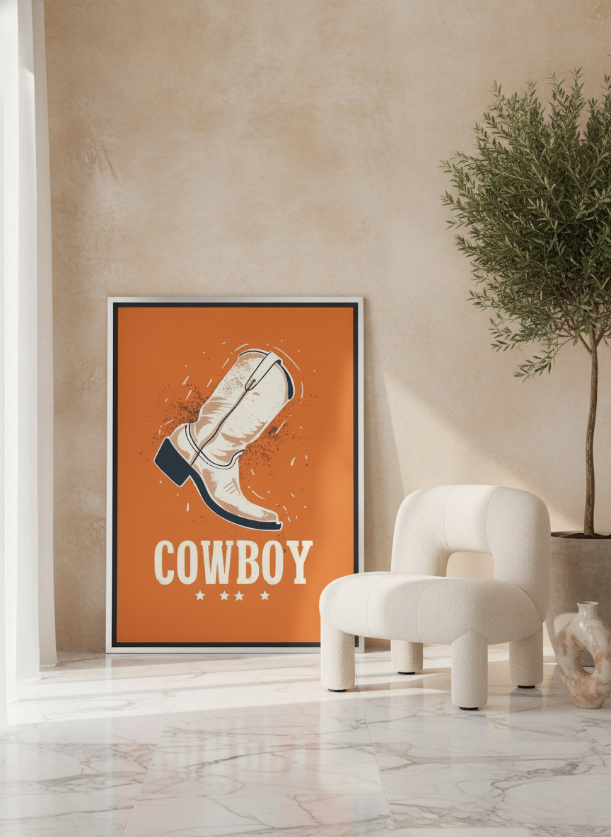 Canvas wall art with a silver leaf surround leaning against the wall in a luxe dining room