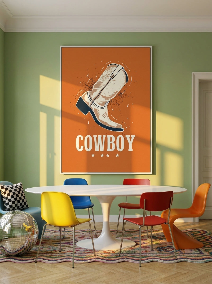 Oversized statement canvas wall art with a white surround styled on the wall in a colourful eclectic dining room