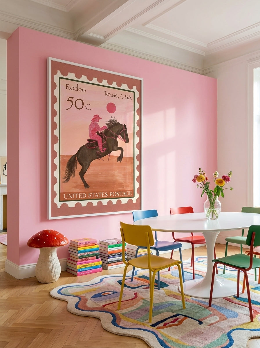 Oversized statement modern wall art print styled on the wall in a colourful eclectic dining room