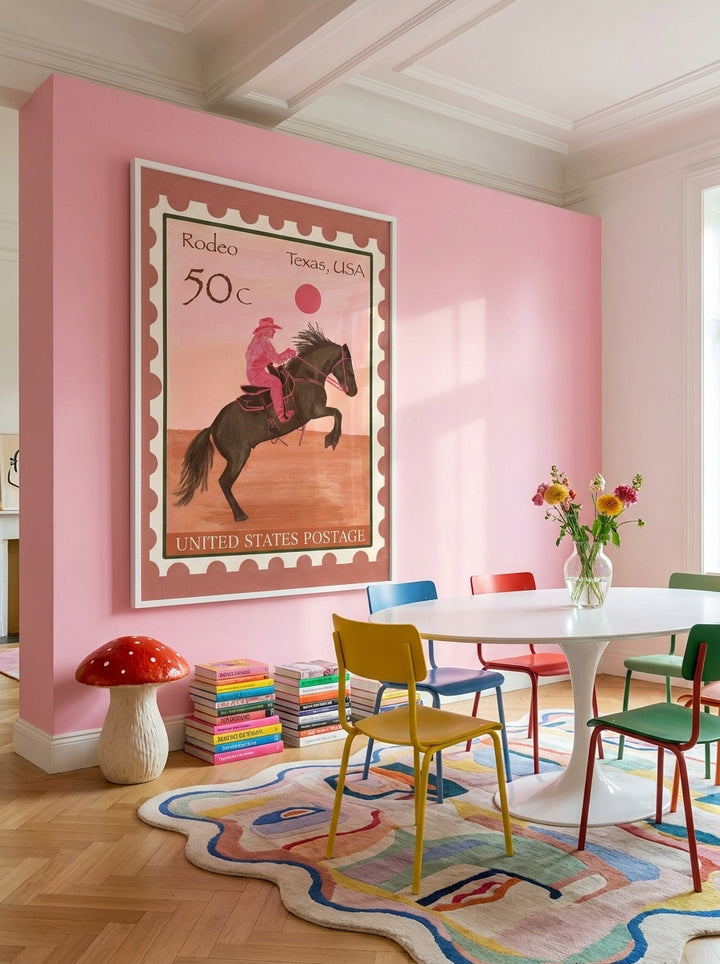 Oversized statement modern wall art print styled on the wall in a colourful eclectic dining room