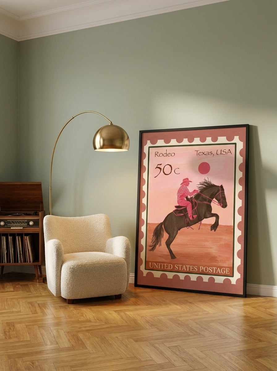 Oversized statement modern wall art print leaning against the wall in a mid-century dining room
