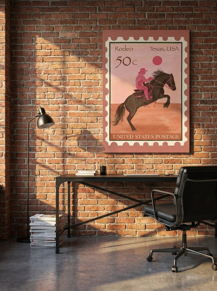 Stretched canvas wall art styled on the wall in an industrial loft home office