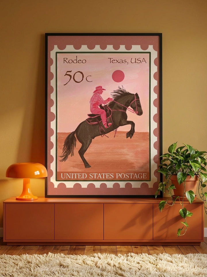 Modern wall art print standing on a sideboard in a retro 70s home office