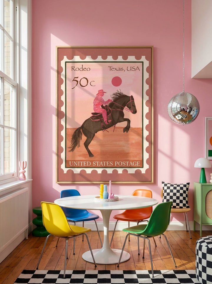 Oversized statement canvas wall art with a natural timber surround styled on the wall in a colourful eclectic dining room
