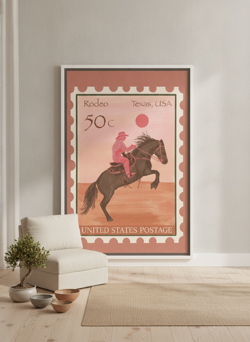 Oversized statement canvas wall art with a white surround leaning against the wall in a warm Japandi dining room