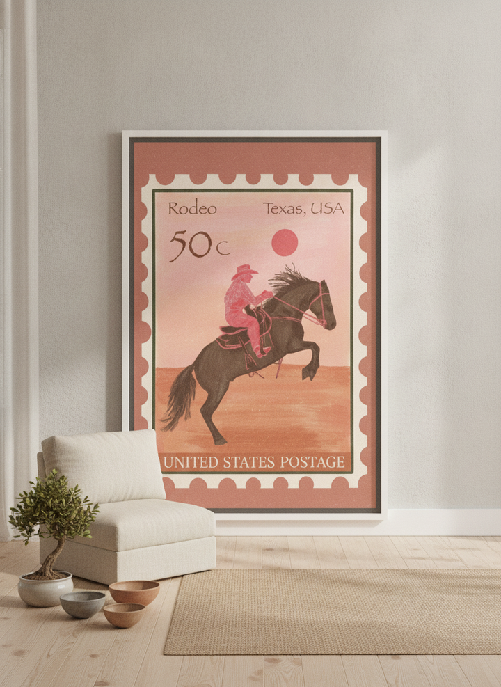 Oversized statement canvas wall art with a white surround leaning against the wall in a warm Japandi dining room