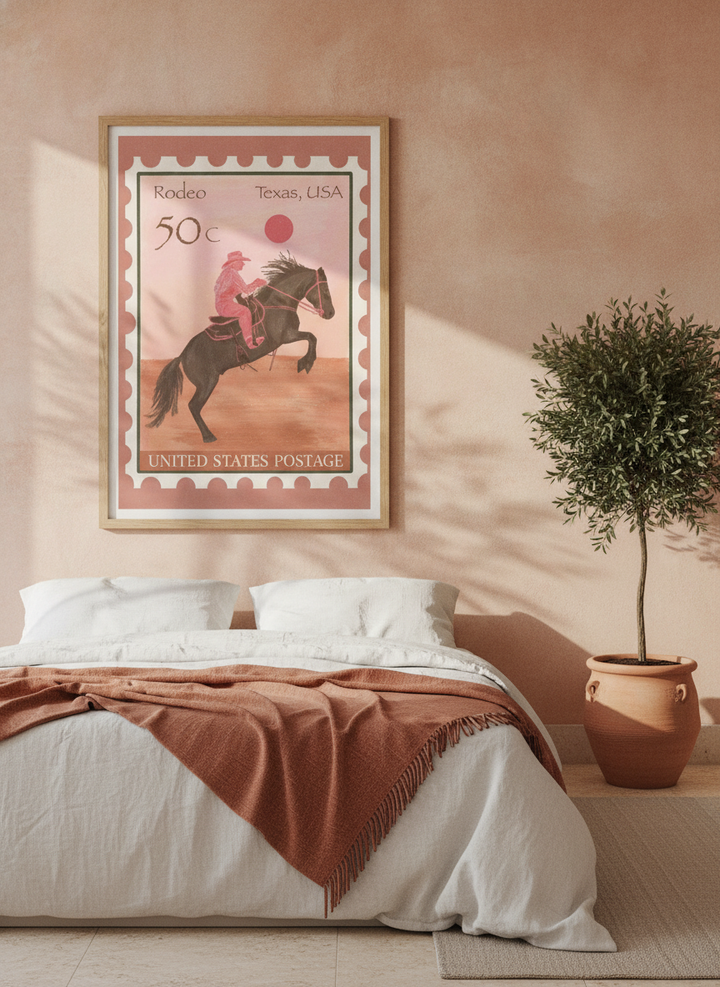 Modern wall art print styled on the wall in a Mediterranean bedroom