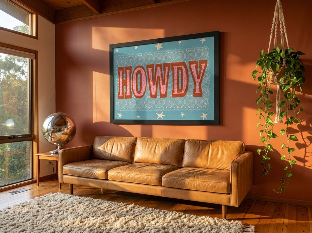Oversized statement modern wall art print styled on the wall in a retro 70s living room