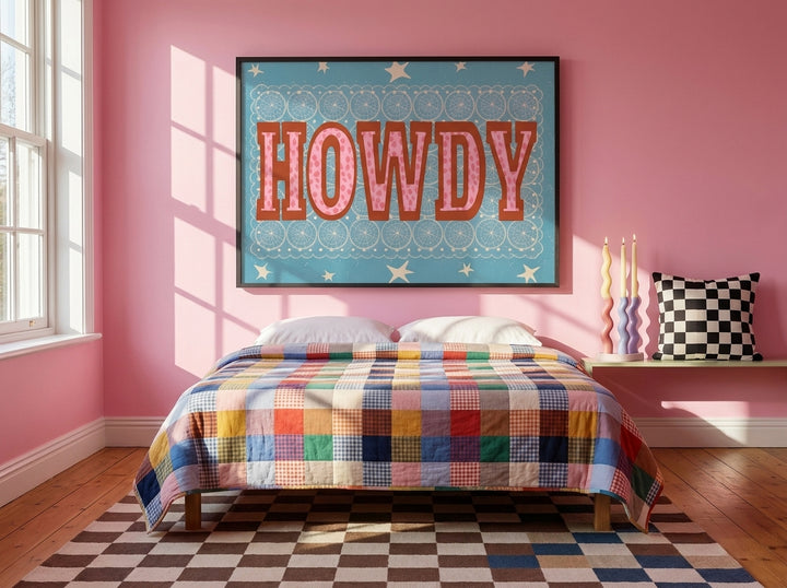Oversized statement modern wall art print styled on the wall in a colourful eclectic bedroom