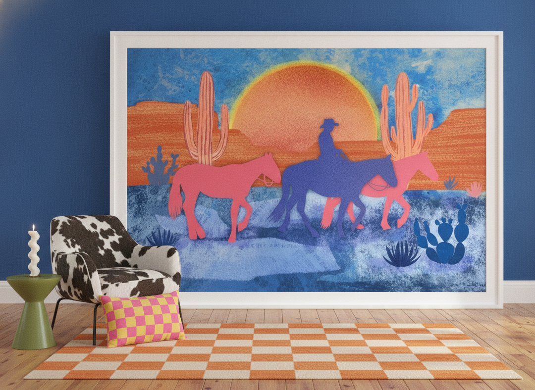 Oversized statement modern wall art print leaning against the wall in a colourful eclectic living room