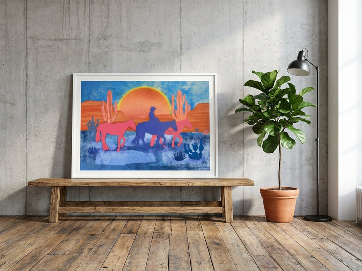 Modern wall art print standing on a bench in an industrial loft living room